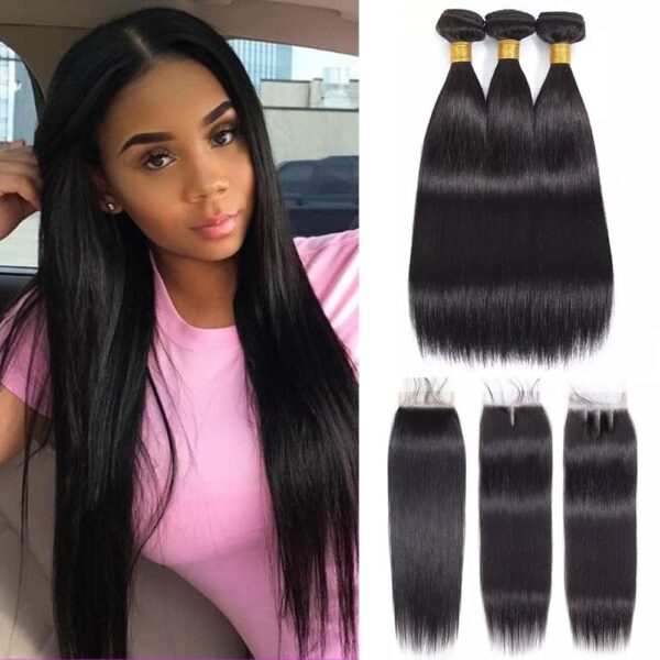 Sterly Straight Human Hair Weave Human 6 Bundles With Two 4×4 Lace Closure