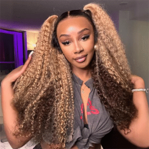 Sterly Highlight Color Honey Blonde With Brown Roots Curly Human Hair Peekaboo Wig