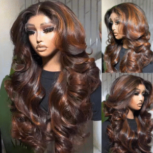 Highlight Brown 5×5 Lace Loose Body Wave Wigs with Curtain Bangs Human Hair Wigs
