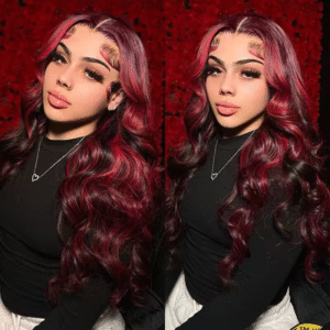 Sterly Dark Burgundy Wig With Red Strunk Stripe Body Wave Colored Highlight Human Hair Wigs