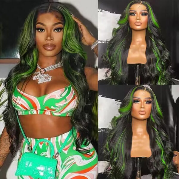 Sterly Green Highlight With Natural Black Body Wave 13×4/4×4 Transparent Lace Front Human Hair Colored Wigs