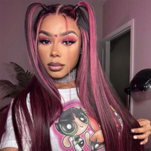 Sterly Transparent Lace Black Hair With Red Purple Highlights Straight Human Hair Wigs