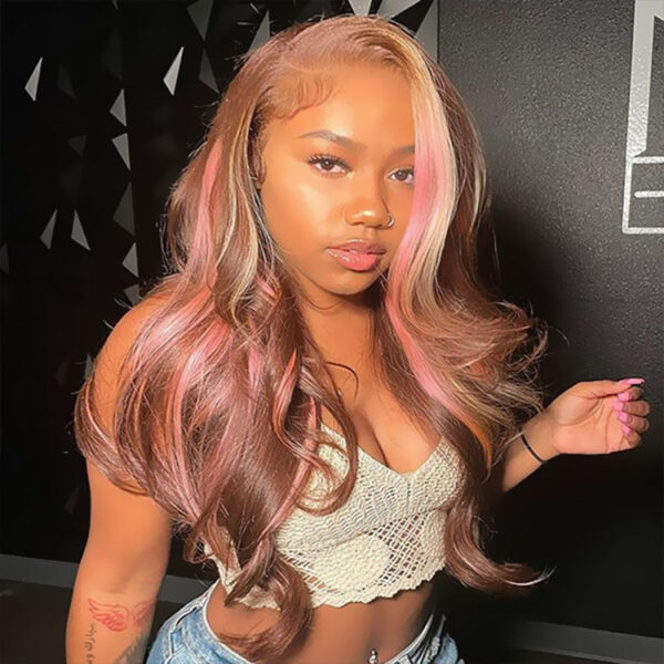 Sterly Pink Blonde Balayage On Brown Hair Wigs Loose Body Wave Lace Closure Front Wigs