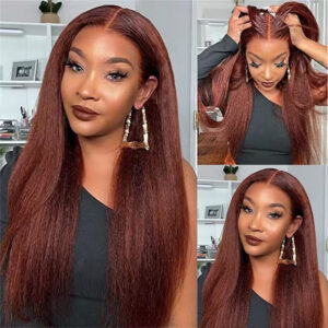 Sterly Reddish Brown Hair Wig Auburn Yaki -Straight Lace Front Wigs Human Hair