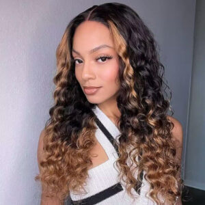 Fluffy Brown Ombre Highlights Water Wave Wigs For Women Colored Human Hair Wig