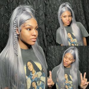 Sterly Grey Long Silky Straight 4×4 13×4 Frontal Lace Wig Colored Human Hair Wigs