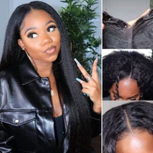 Beginner Friendly Yaki -Straight V Part Wig Human Hair Wigs No Leave Out No Sew In And No Gel