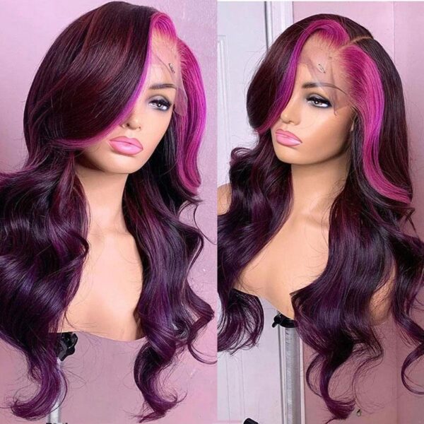 Side Part Highlight Money Piece Pink Purple Human Hair Body Wave Wig