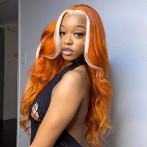 Sterly Ginger with Blonde Skunk Stripe Transparent Lace Body Wave Frontal Wig