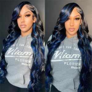 Sterly Blue Highlight With Black Hair Body Wave 13×4/13×6 Transparent Lace Front Human Hair Colored Wigs