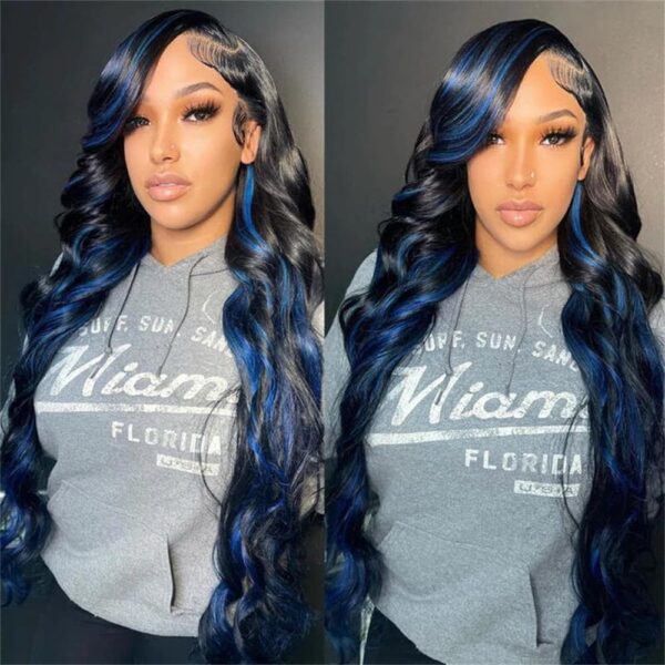 Sterly Blue Highlight With Black Hair Body Wave 13×4/13×6 Transparent Lace Front Human Hair Colored Wigs