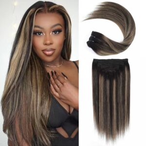 Sterly #1B/27/1B Dark Balayage Straight Clip-in Human Hair 8 Pices With 18 Clips 120g
