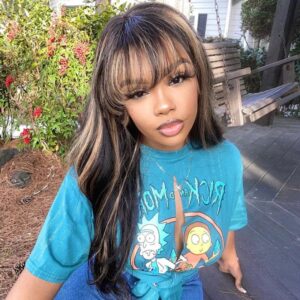 Sterly Balayage Highlight Wig with Bangs Transparent HD Lace Frontal Wigs Honey Blonde Brown Wigs