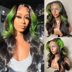 Sterly Green Skunk Stripe Body Wave Transparent Lace 13×4 Frontal Human Hair Wig