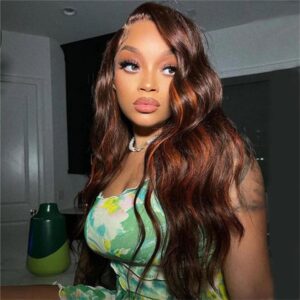 Sterly Orange Highlights With Chocolate Brown Colored Human Hair Wig Body Wave 13x4 Lace Front Wigs