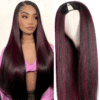 𝐍𝐄𝐖 ✅Straight P1B/99J Black Hair With Burgundy Highlight V/U Part Wig Human Hair No Leave Out
