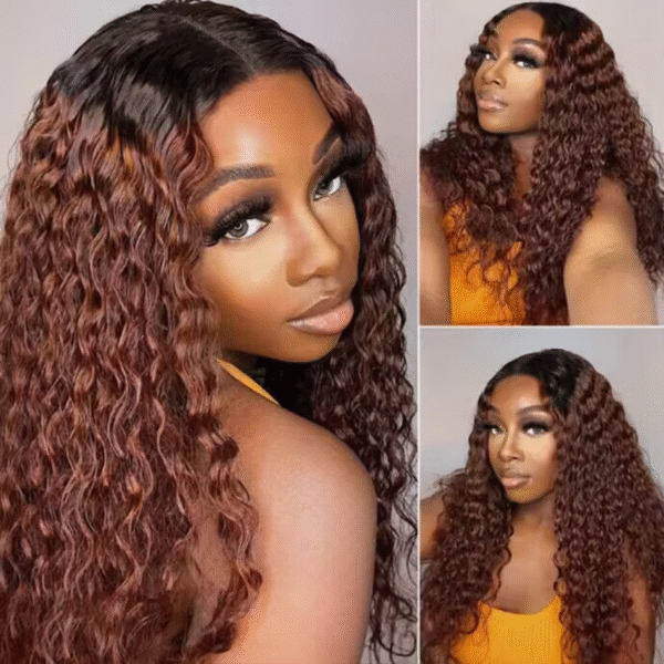 𝐍𝐄𝐖 ✅T1B/#33 Ombre Reddish Brown With Black Roots Water Wave V/U Part Wig